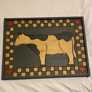 Vintage Solid Wood Carved Rustic Cow Wall Art with Heart Accents